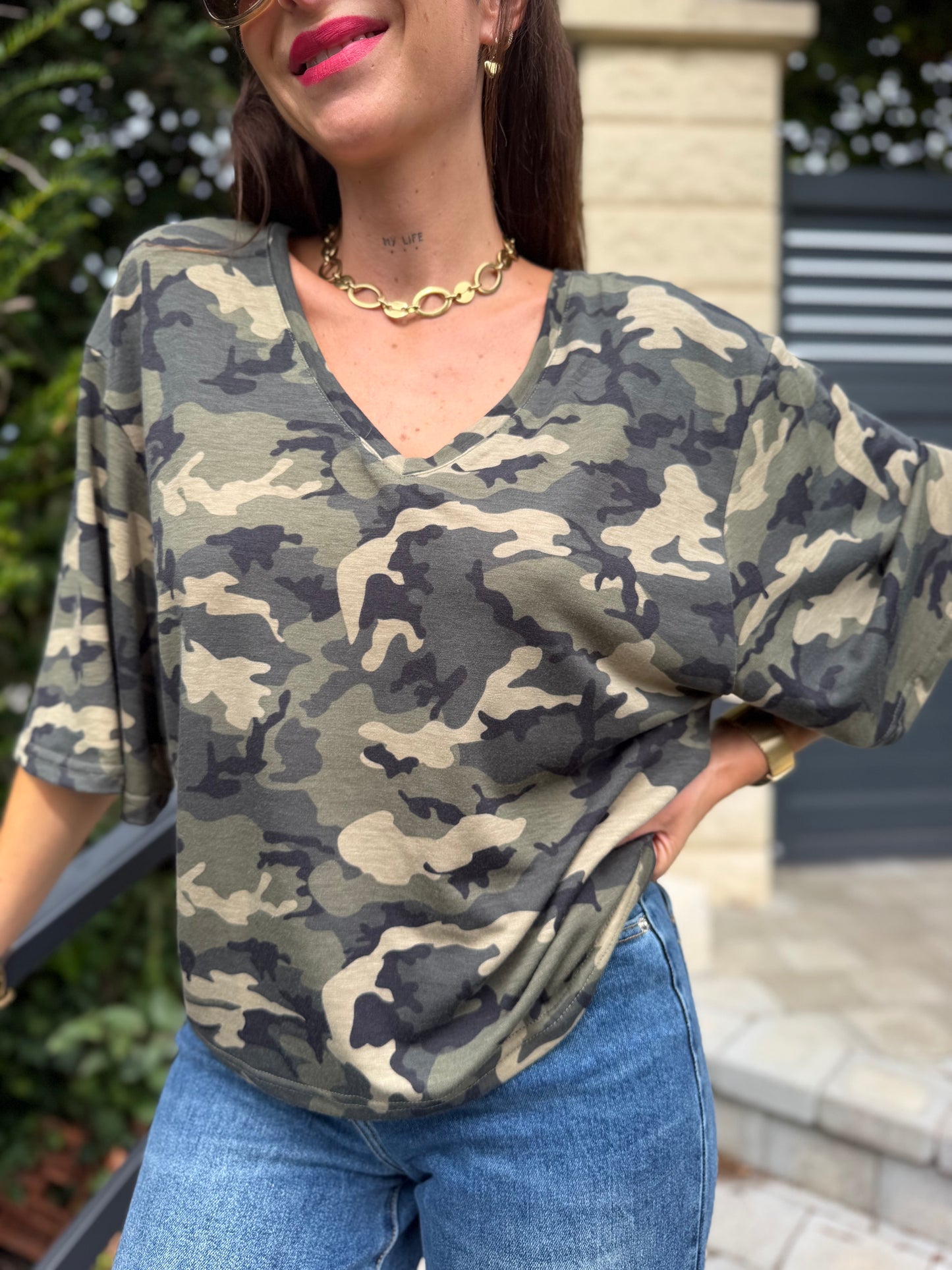 T Shirt Col V Camouflage
