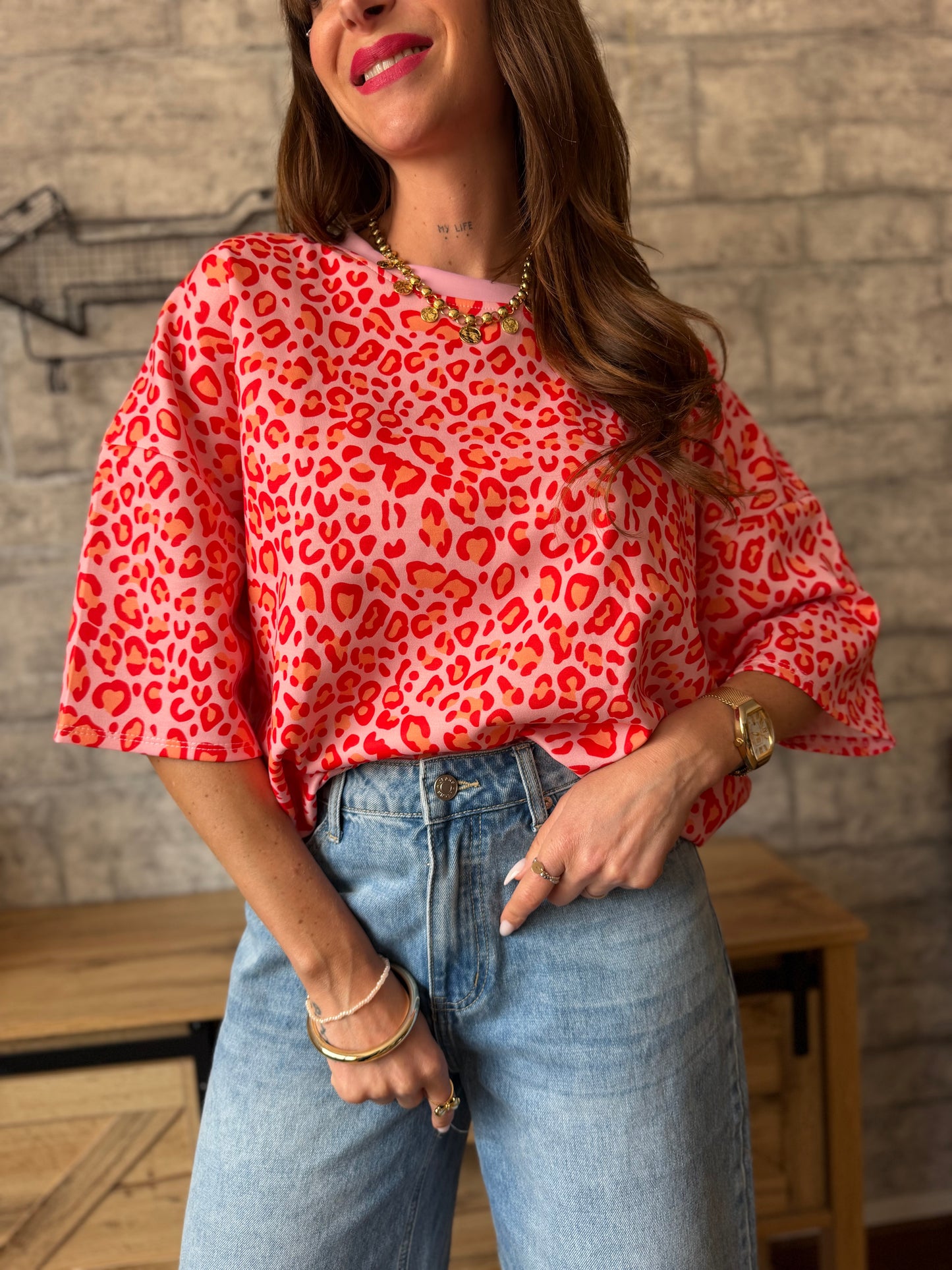 T Shirt Léopard Rose et Rouge