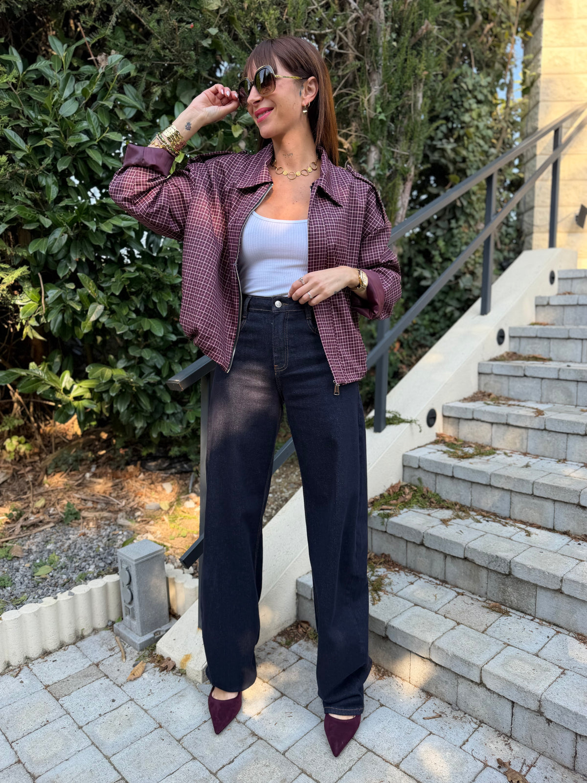 Veste Bomber Carreaux Bordeaux