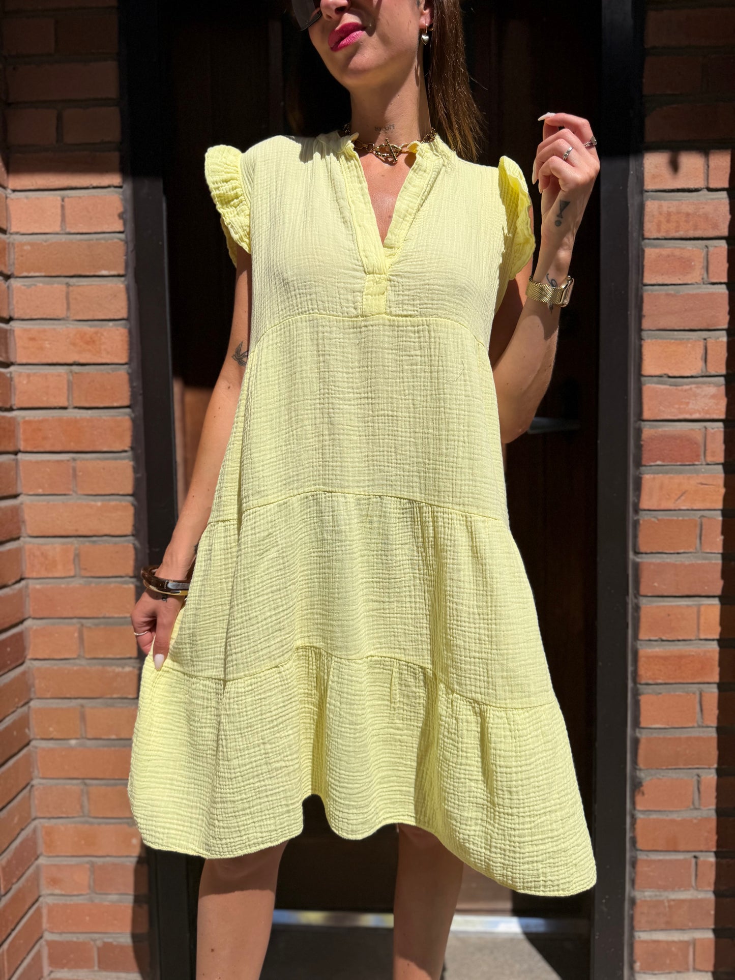 Robe Ample Coton Col V Jaune