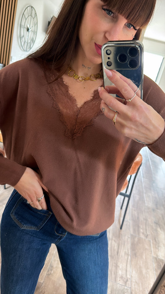 Pull Fin Dentelle Chocolat