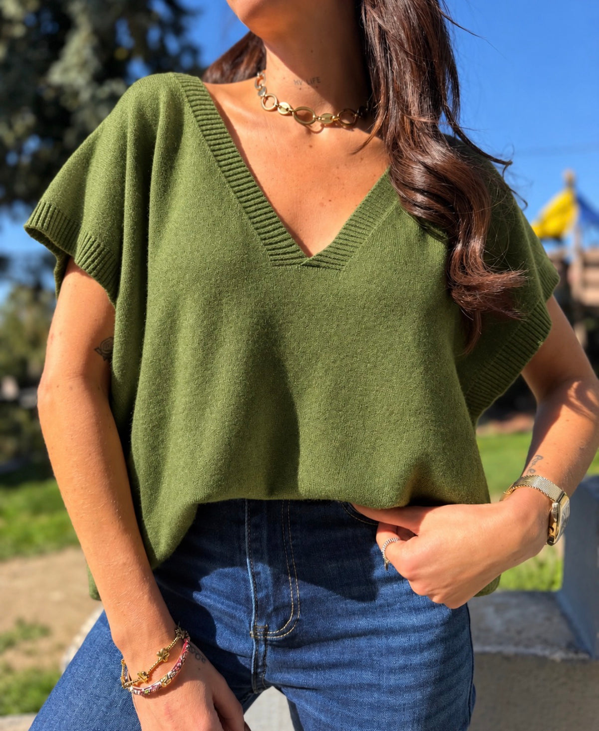 Pull fin Col V Vert Olive