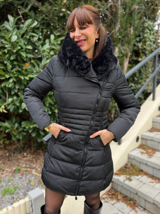 Manteau Fourré Cintré Noir