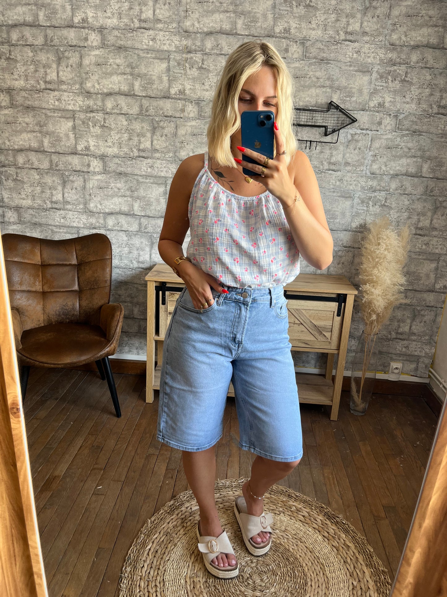 Top Coton Imprimé Bleu