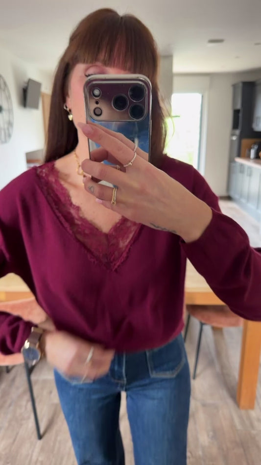 Pull Fin Dentelle Bordeaux
